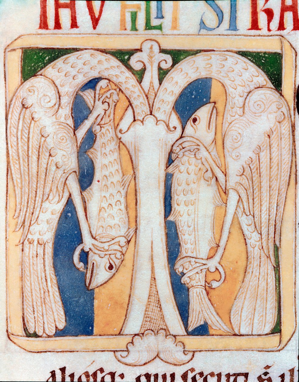 Decoração em papel timbrado de garças e peixes. Miniatura do manuscrito "Testamentum Vetus" de Sancta Cruz de Coimbra. Século XII. Porto, biblioteca municipal. de Portuguese School