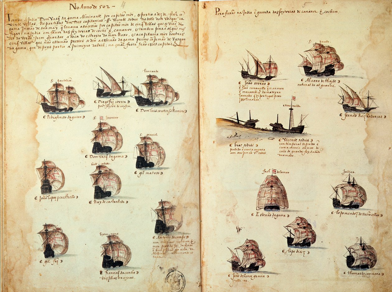 Página manuscrita "Memoriais das Armadas de Portugal sob D. Manuel I (1469-1521)" representando as frotas portuguesas. 1533 a.N. Paris de Portuguese School