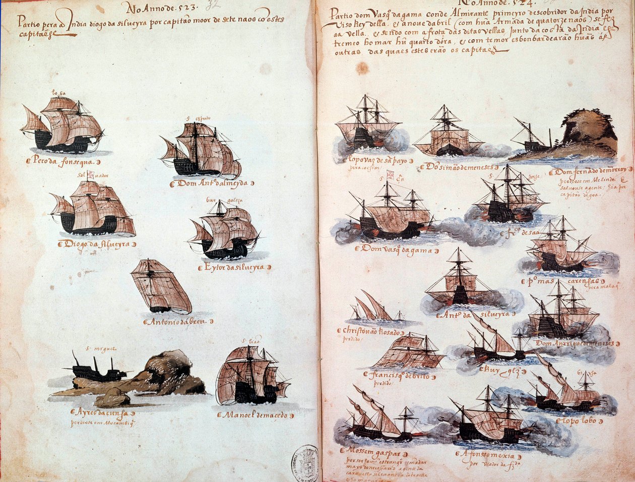 Página manuscrita "Memoriais das Armadas de Portugal sob D. Manuel I (1469-1521)" representando as frotas portuguesas. 1523 a.N. Paris de Portuguese School