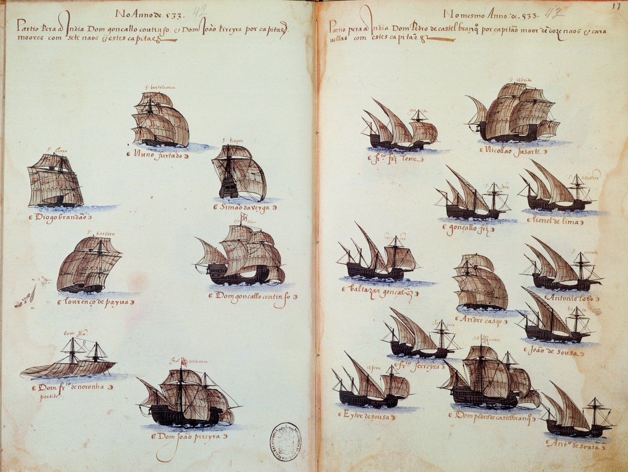 Página manuscrita "Memoriais das Armadas de Portugal sob o reinado de D. Manuel I (1469-1521)" representando as frotas portuguesas de Portuguese School
