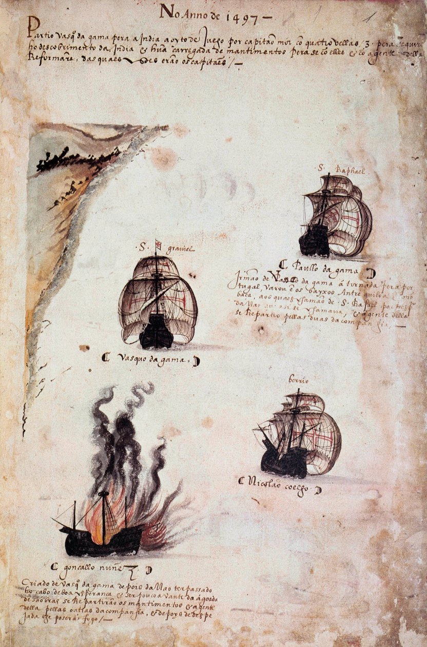Página manuscrita "Memoriais das Armadas de Portugal sob D. Manuel I (1469-1521)" representando as frotas portuguesas do ano de 1497. 1523 a.N. Paris de Portuguese School