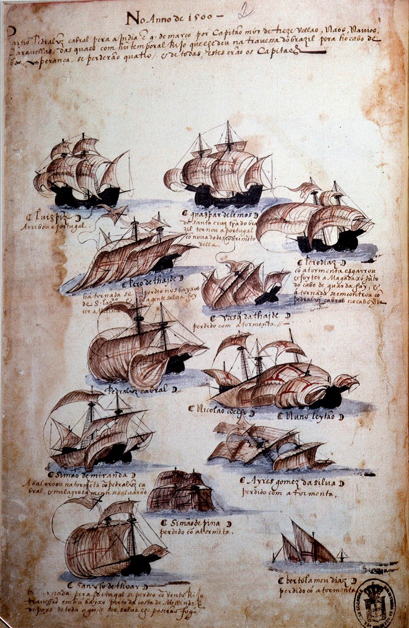 Página manuscrita "Memórias das armadas de Portugal sob D. Manuel I (1469-1521)" representando as frotas portuguesas do ano de 1497. 1500 Lisboa, Museu Nacional de Arte Antiga de Portuguese School
