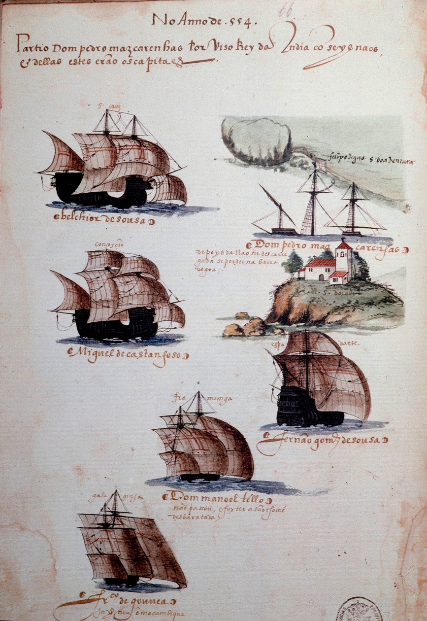 Página manuscrita "Memórias das armadas de Portugal sob D. Manuel I (1469-1521)" representando as frotas portuguesas do ano de 1497. 1500 Lisboa, Museu Nacional de Arte Antiga de Portuguese School