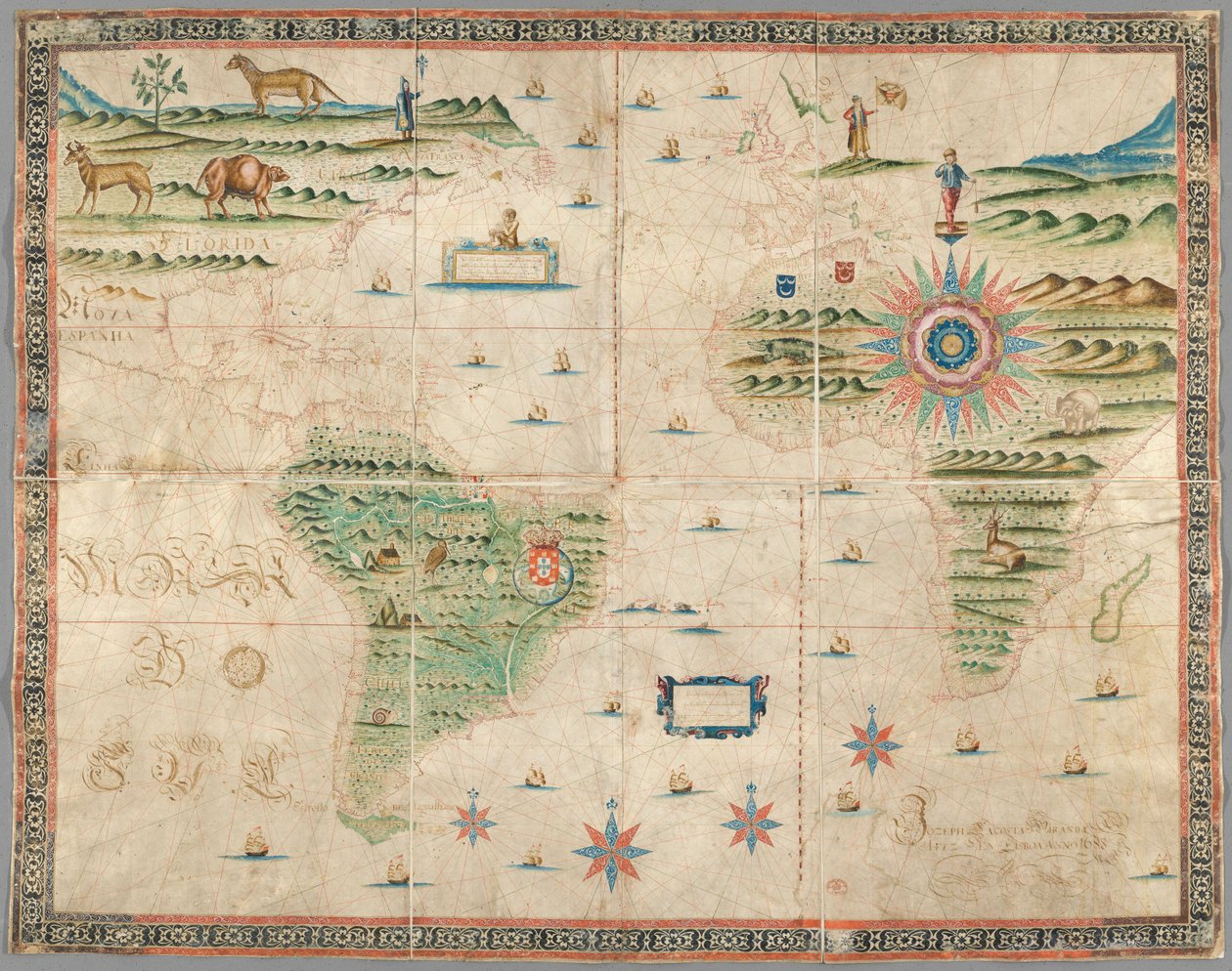 Mapa da Europa Ocidental, África e América, com desenhos de montanhas, animais, etc. Joseph da Costa e Miranda de Portuguese School
