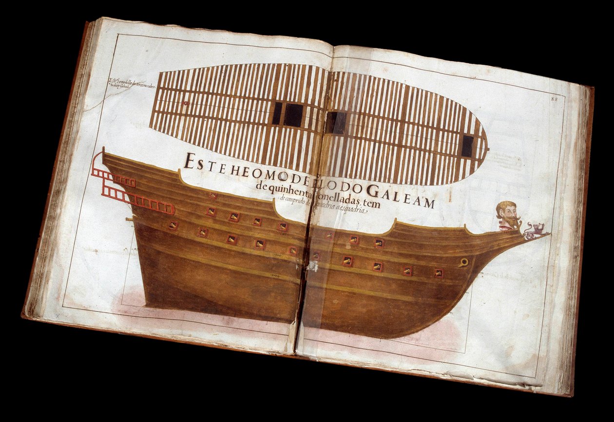 Arquitectura Naval: página do tratado de arquitectura (Livro de Tracas de Carpintaria) de Manuel Fernandez: cortar um navio de Portuguese School