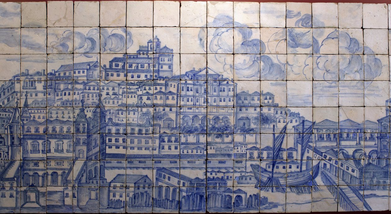 Vista panorâmica de Lisboa, antes do terramoto de 1755 - Azulejos início do século XVIII, painel de aviso do antigo palácio dos Condes de Tentugal, Lisboa (Grande Lisboa panorâmica antes do terramoto de 1755, faiança início do século XVIII, antigo palácio de Portuguese School