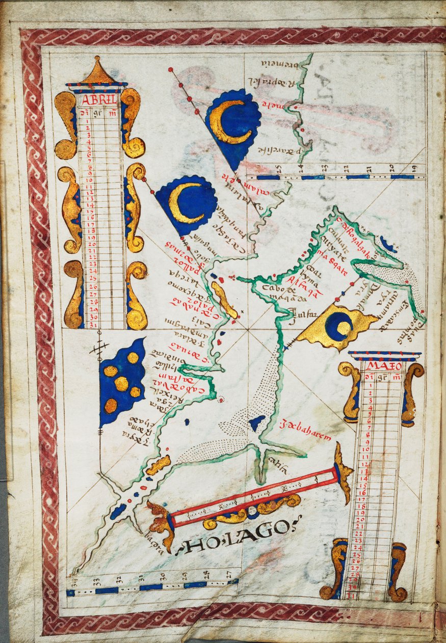 Escala: [ca. 1:14 500 000]. Locais adicionais: Golfo Pérsico, Golfo de Omã, c.1550-60 (velino) de Portuguese School