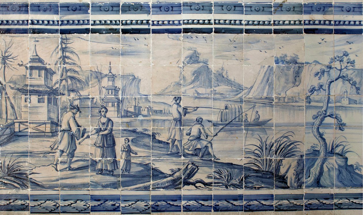 Cena nas margens de um lago na Ásia - Azulejos, faiança pintada de Portuguese School