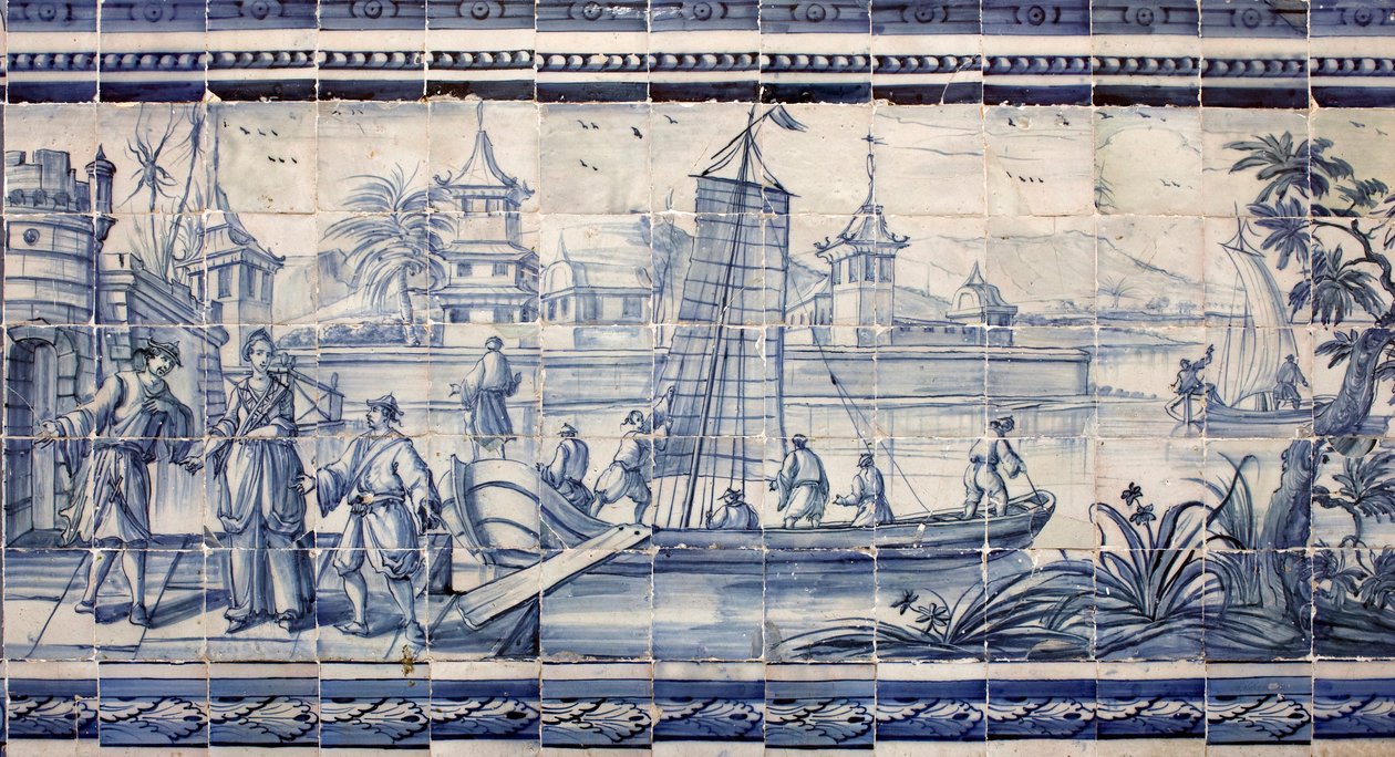 Cena nas margens de um rio na Ásia - Azulejos, faiança pintada de Portuguese School