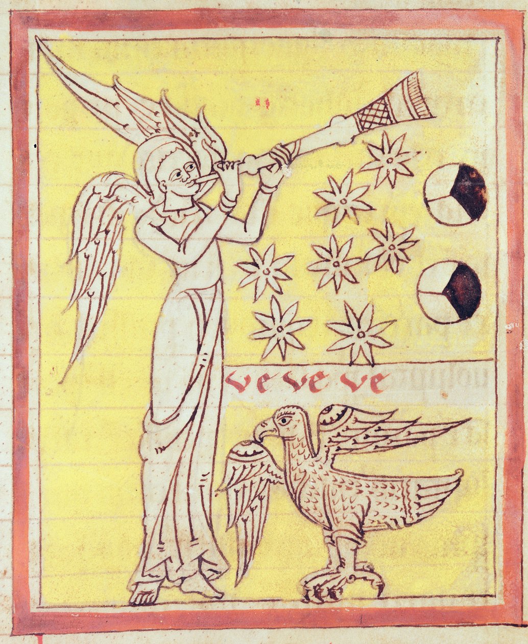 O Anjo soprando a trombeta, as sete estrelas e a águia de São João Evangelista, do Apocalipse de São João de Lorvão de Portuguese School