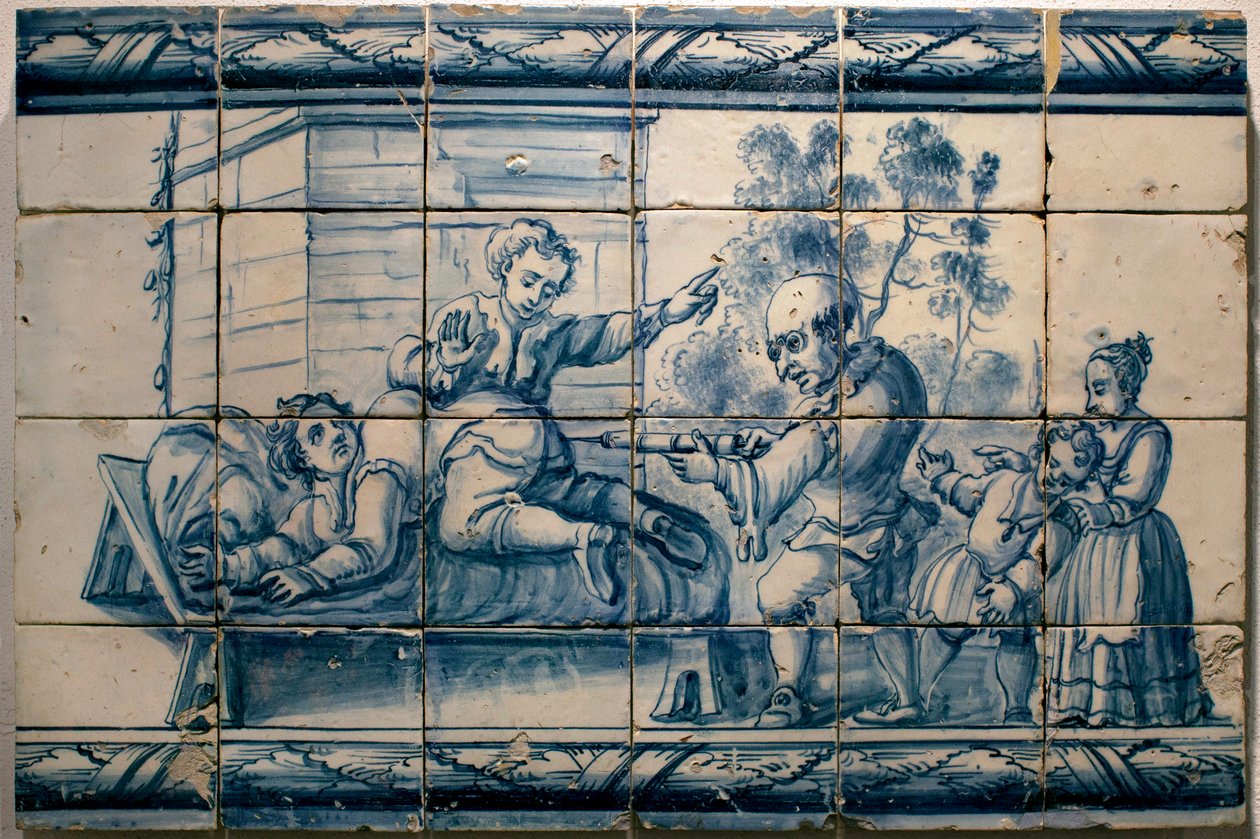 O médico a fazer um clister a um paciente - Painel satírico de Lisboa, primeira metade do século XVIII (Médico - painel satírico, primeira metade do século XVIII) - Musee national des azulejos, Lisboa (Portugal) de Portuguese School