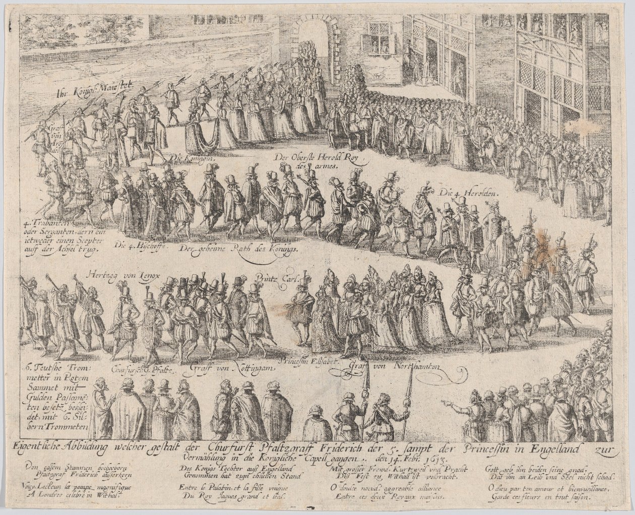 Procissão de casamento para o casamento de Elizabeth Stuart, filha de James I, e..., 1613 ou depois. de Possibly by Abraham Hogenberg.