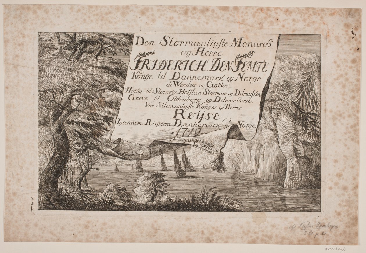 Página de título para a jornada do rei Frederik V pela Dinamarca e Noruega 1749 de Poul Isac Grønvold