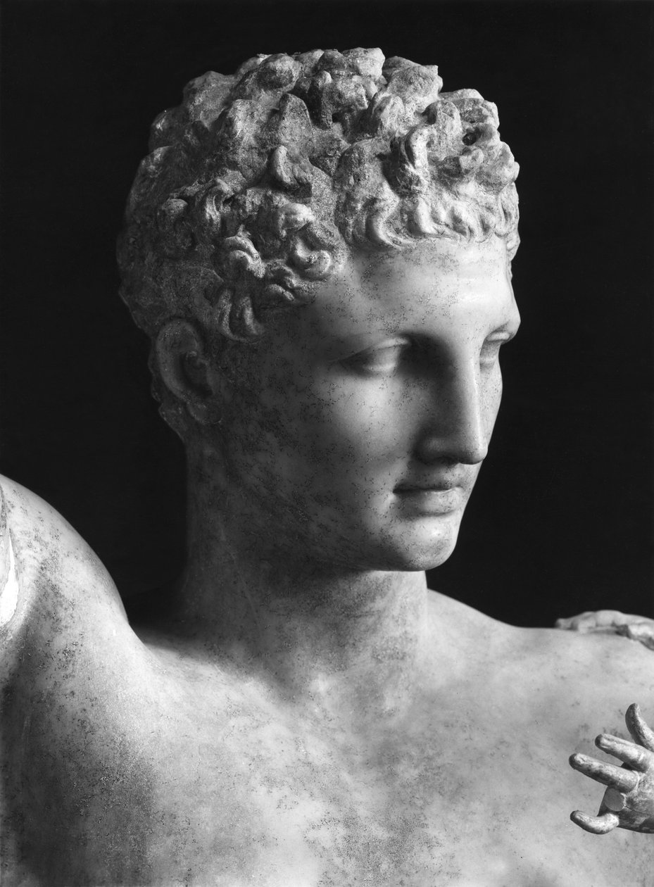 Detalhe da estátua de Hermes e do Menino Dionísio, c.330 BC (mármore pariano), cabeça de Hermes (ver BAL 54791) de Praxiteles