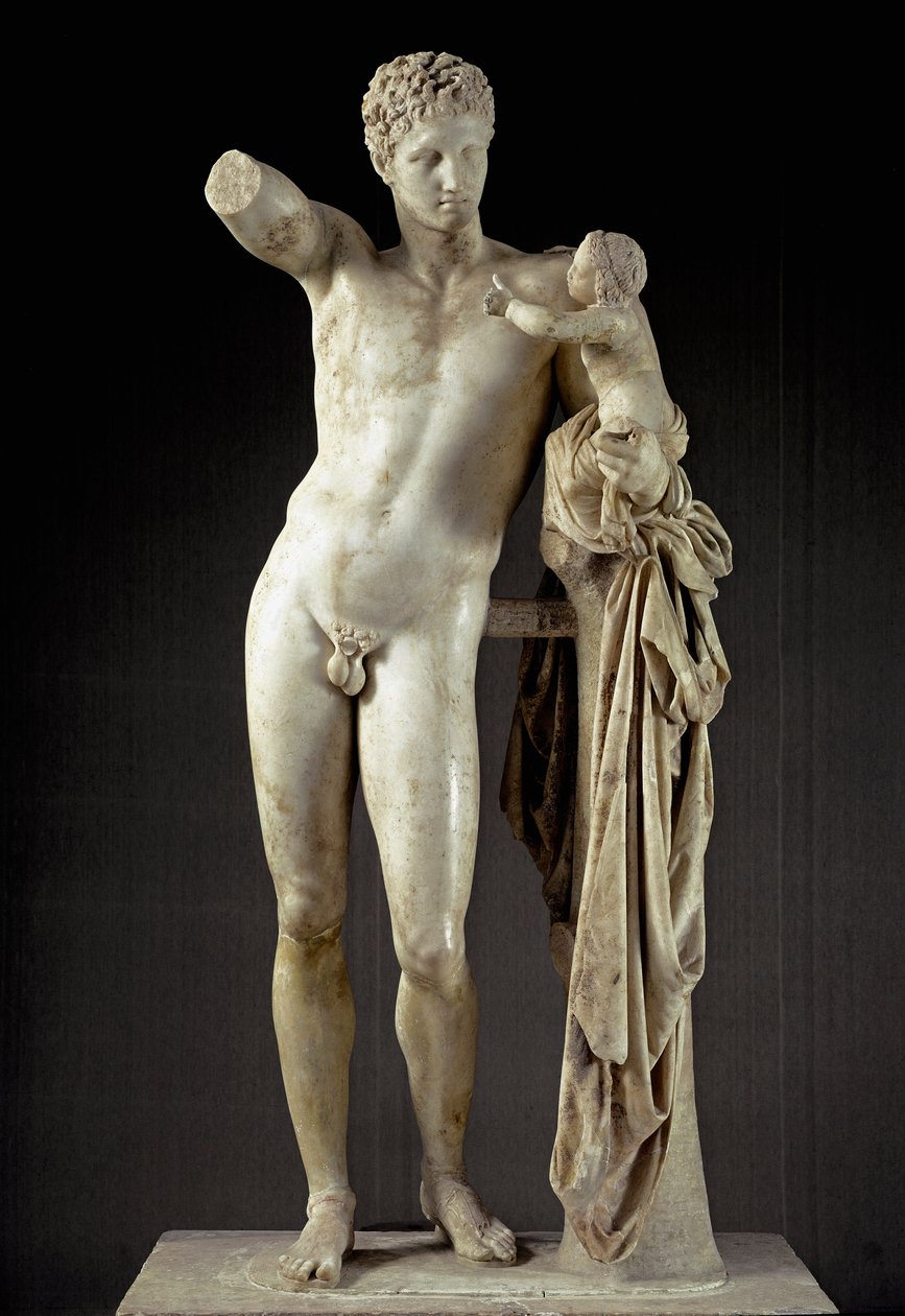 Arte grega: Hermes e Dionísio criança - Escultura de mármore da Praxitele (século IV a.C.) do templo de Hera em Olympia, 330 a.C., Dim. 213 cm - Olympia, museu arqueológico - Hermes carregando Dionísio - Escultura de mármore (H. 213 cm), da Praxitele (c.40 de Praxiteles