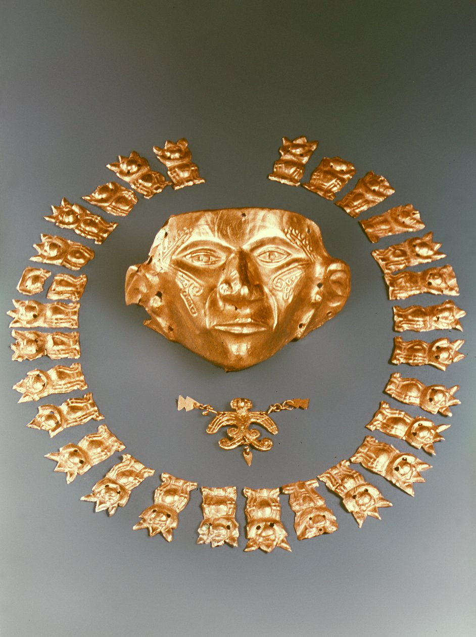 Máscara, pingente de pássaro e placas, Cauca de Pre Columbian