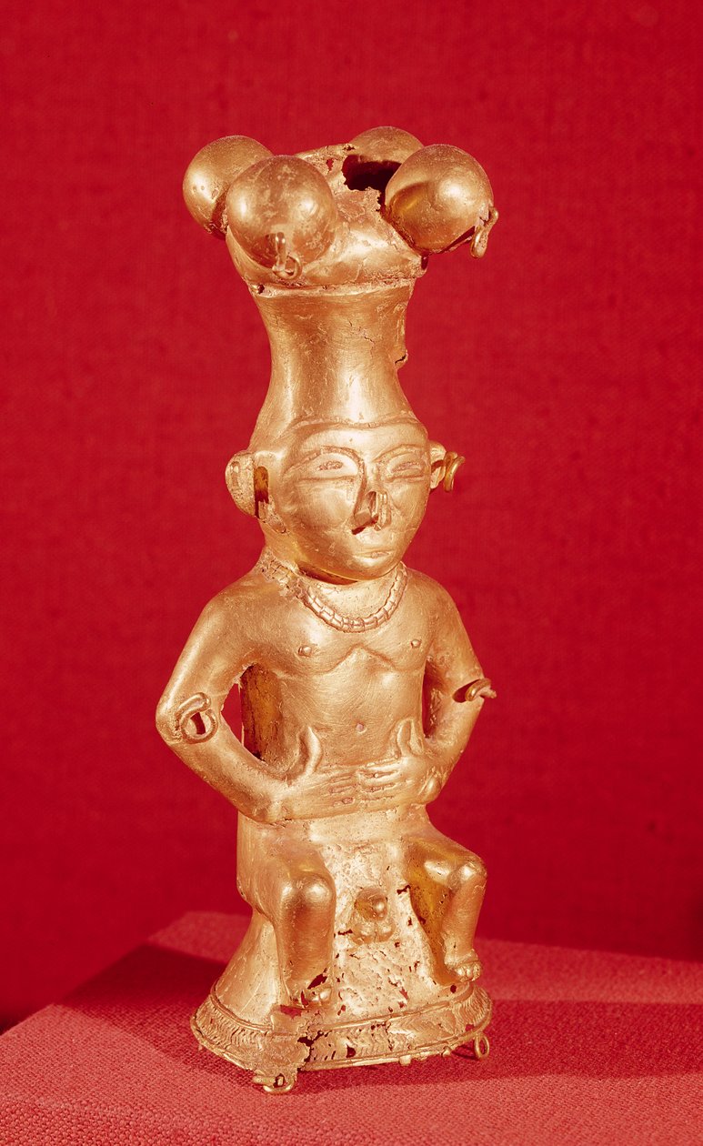 Recipiente de Quimbaya na forma de um homem sentado, da Colômbia (ouro) de Pre Columbian