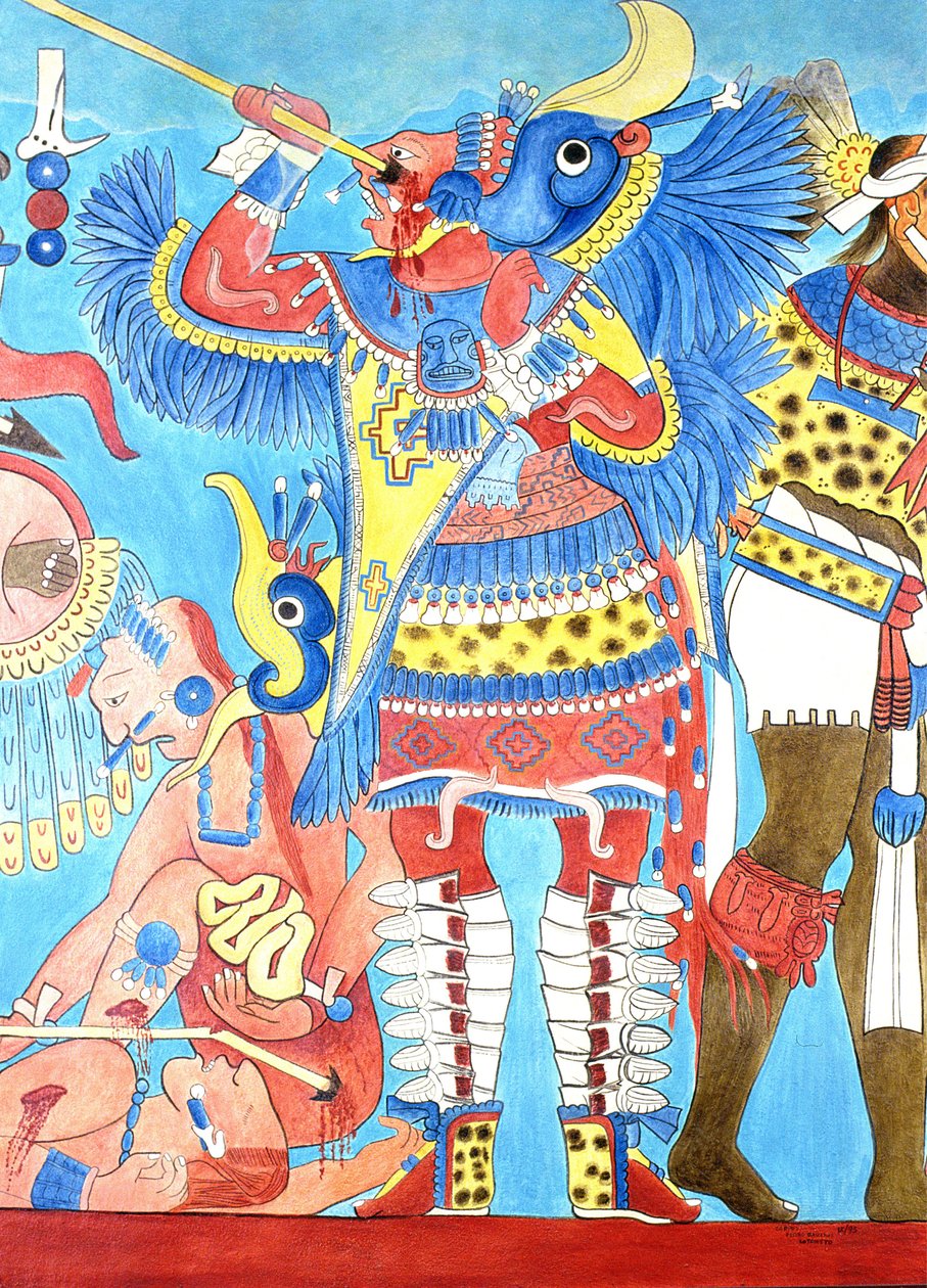 Reprodução de um mural em Cacaxtla, México de Pre Columbian
