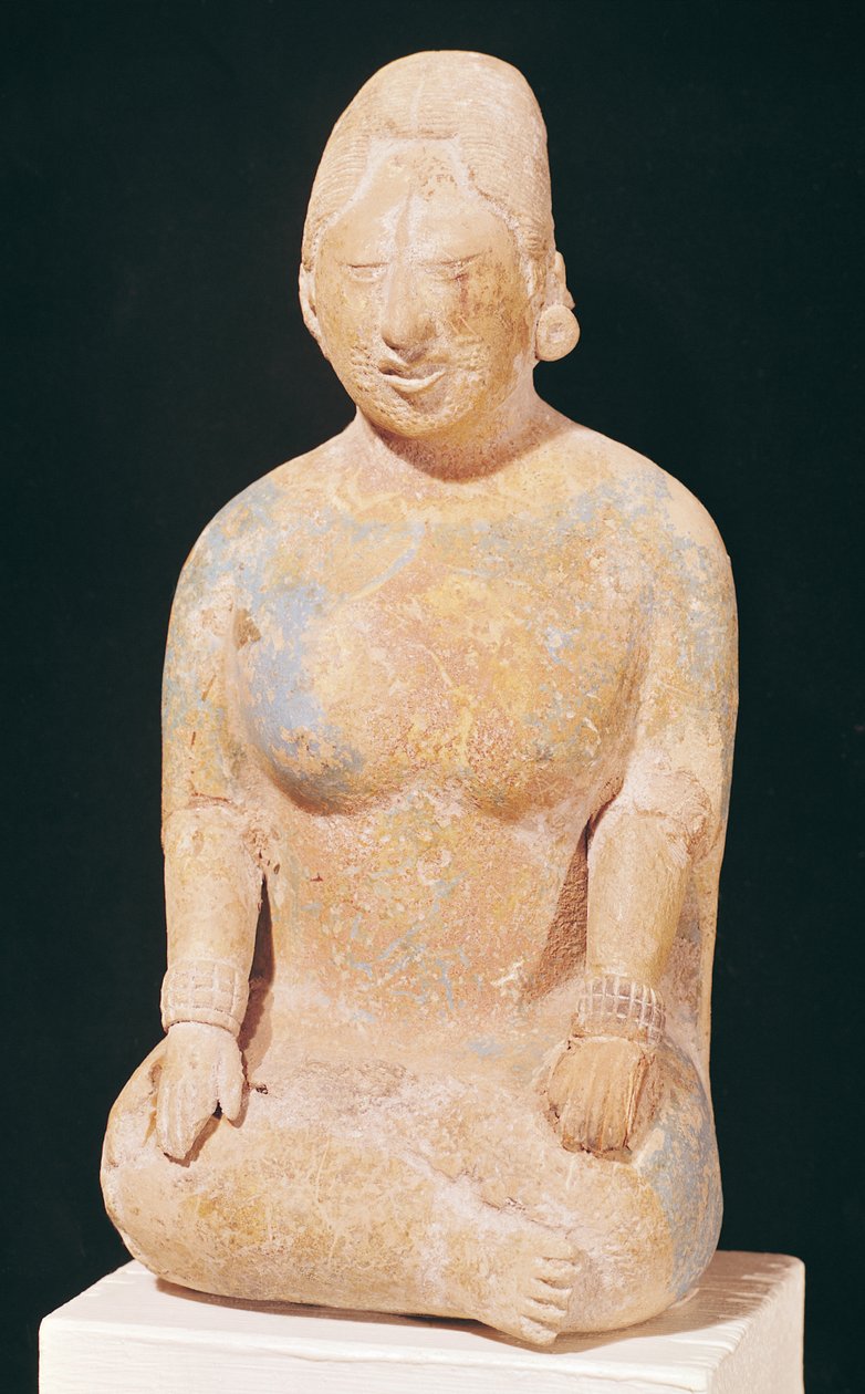 Estátua, de, um, sentada, mulher, de, a, cemitério, ligado, a, ilha, de, jaina, campeche, estado, 7º-10º século, (polychrome, stone) de Pre Columbian