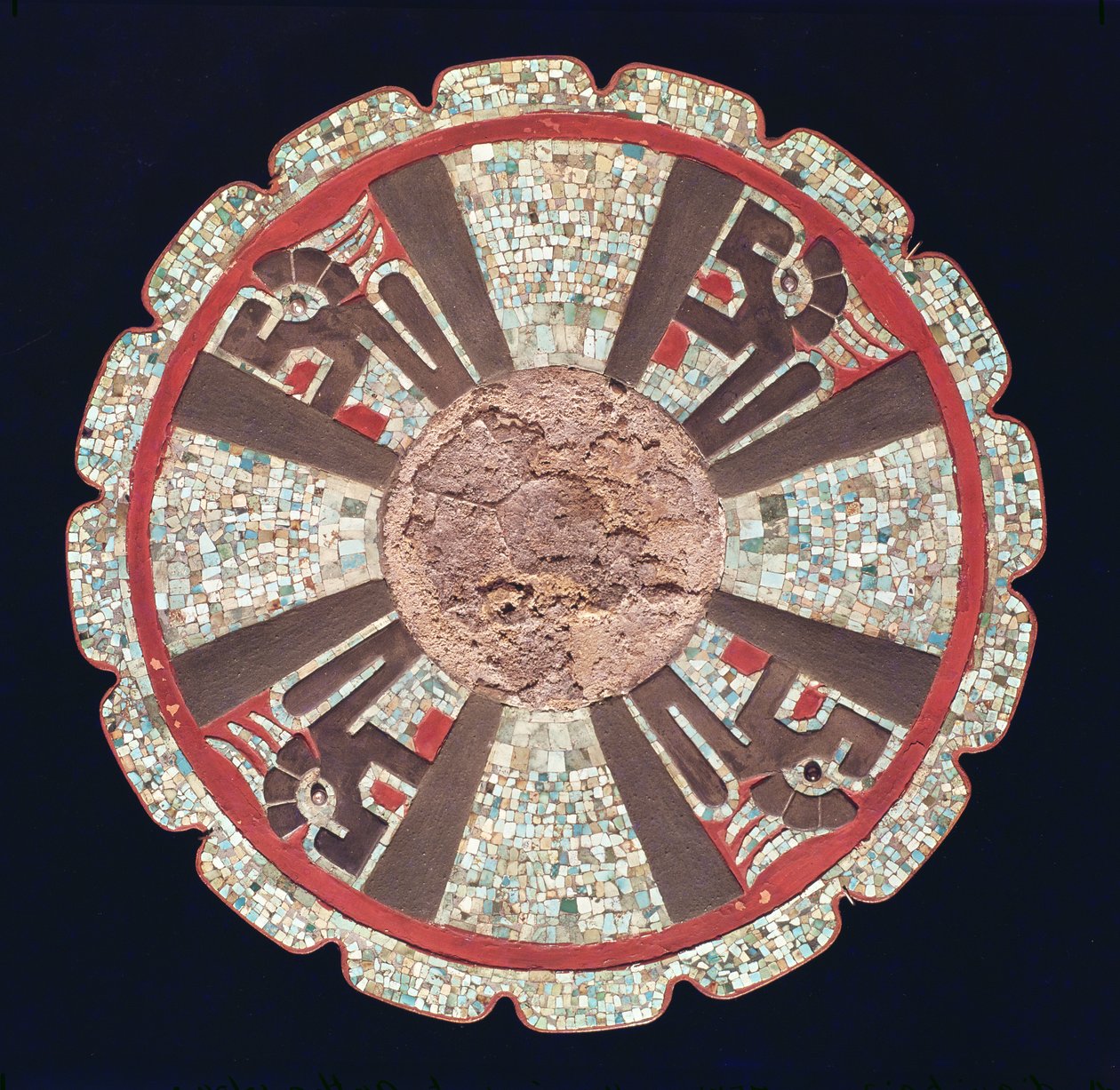 Teotezcacuitiapili, fivela de cinto usado por dignitários representando as quatro serpentes de fogo, de El Castillo, Chitchen Itza, Estado de Yucatan, 987-1185 (mosaico) de Pre Columbian