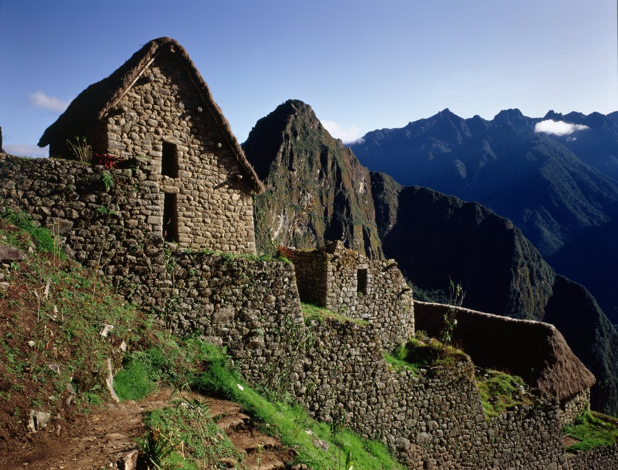 Edifícios de terraço na cidadela Inca, construída no século XV de Pre Columbian