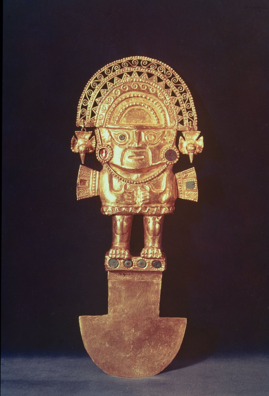 Tumi ou faca cerimonial na forma de Naylamp, Chimu (pedras semipreciosas e douradas) de Pre Columbian