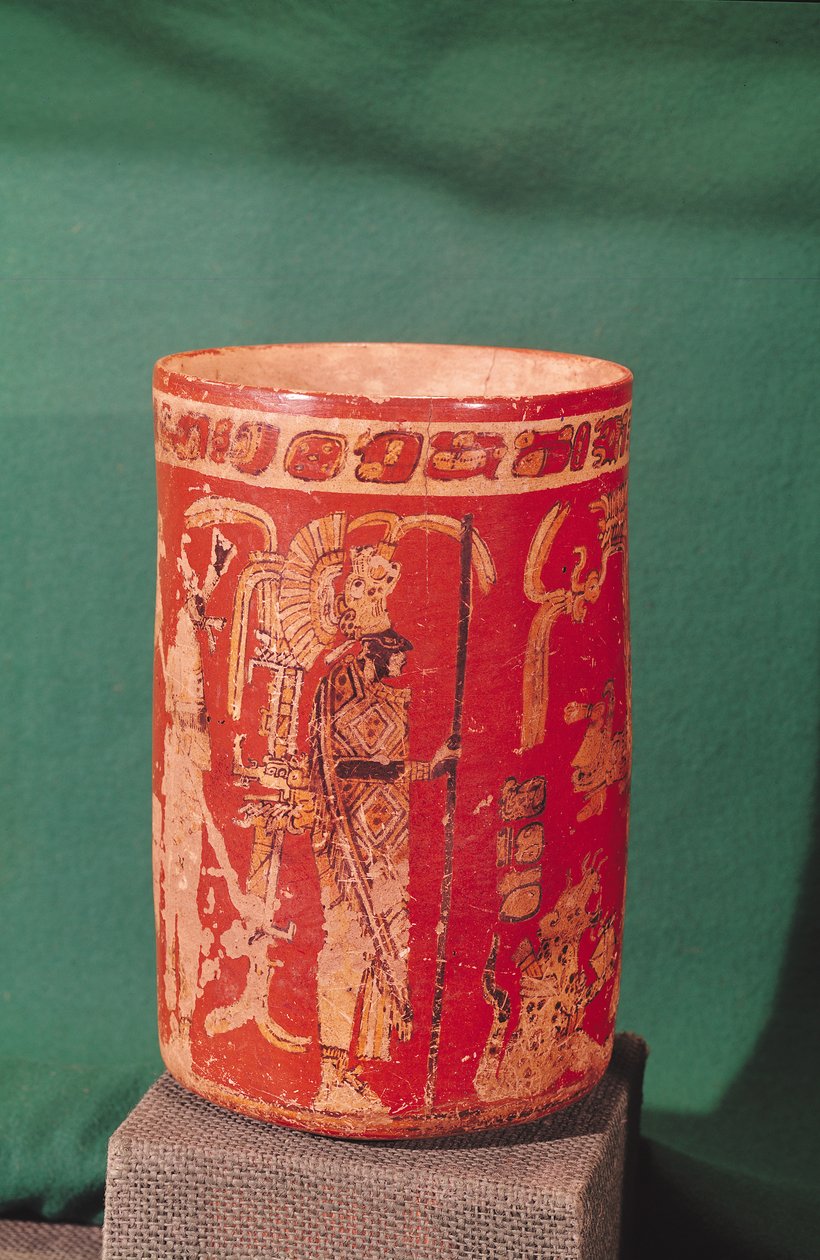 Vaso representando uma cena cerimonial, Tepeu 1 período, de Uaxuctun, 600-950 (pedra policromada) (ver também 201516) de Pre Columbian