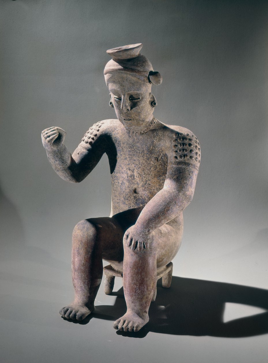 Jarra de efígie mostrando um homem sentado em um banquinho, estilo Colima (cerâmica) de Pre Columbian Pre Columbian