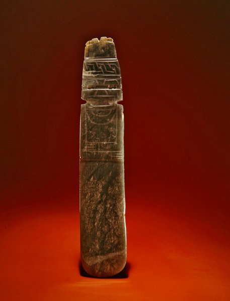 Deus do machado olmecóide, de Guacimo, área de Linea Vieja (jade azul-verde profundo translúcido) de Pre Columbian Pre Columbian