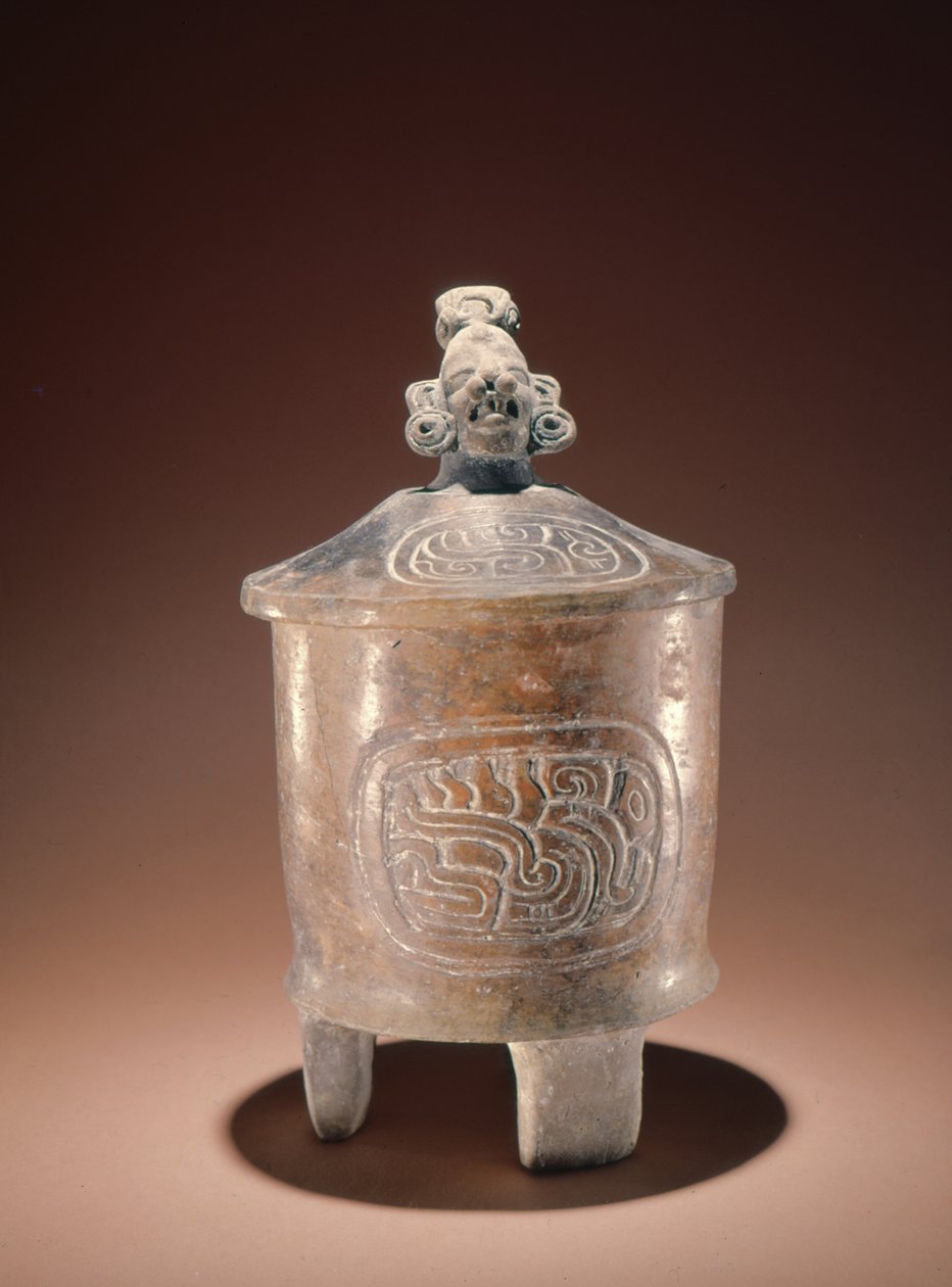 Tigela de tripé estilo Teotihuacan com tampa de cabeça de efígie encontrada em Tikal (cerâmica) de Pre Columbian Pre Columbian
