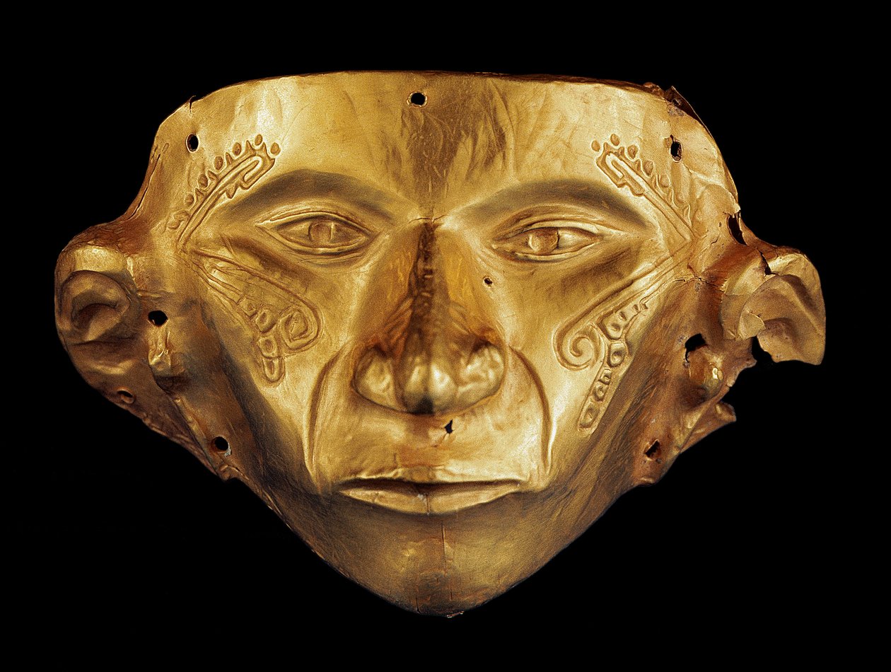 Máscara pré-colombiana do Parque Arqueológico do Tierradentro, Alto de San Andrés, na Colômbia (ouro) de Pre Columbian Pre Columbian