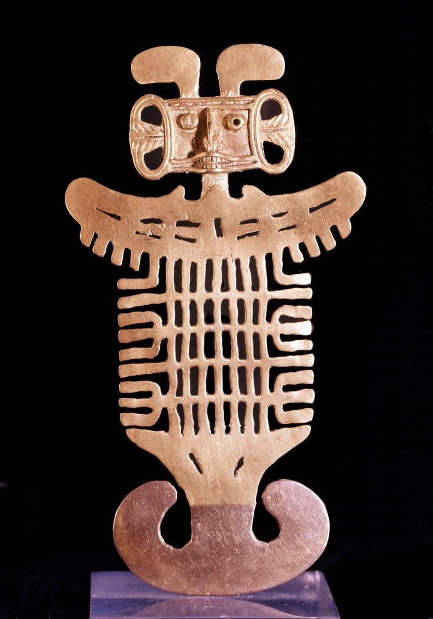 Arte pré-colombiana: Pingente antropomórfico. Jóia da cultura Tolima (região da Colômbia) em ouro moldado feito entre os séculos V e X. Museu Metropolitano de Arte, Nova York. de Pre Columbian Pre Columbian