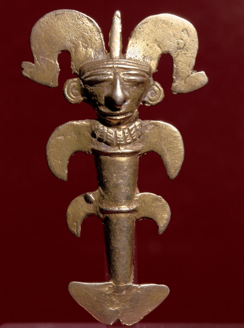 Arte pré-colombiana, civilização Quimbaya (Colômbia): pingente antropomórfico em ouro. 400-1400 AD. Bogotá, Museo de Oro, Colômbia de Pre Columbian Pre Columbian