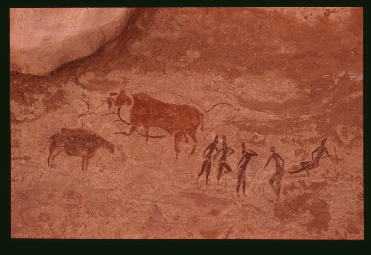 Vacas e figuras humanas (pintura rupestre) de Prehistoric