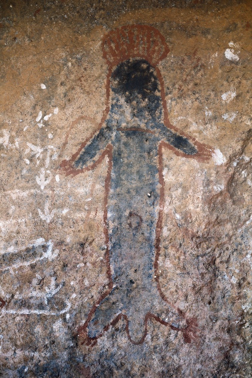 Pintura rupestre aborígine, figura de mulher (tiliqua?), em Uluru (ou Ayers Rock), no Território do Norte, no centro da Austrália (pintura) de Prehistoric Prehistoric