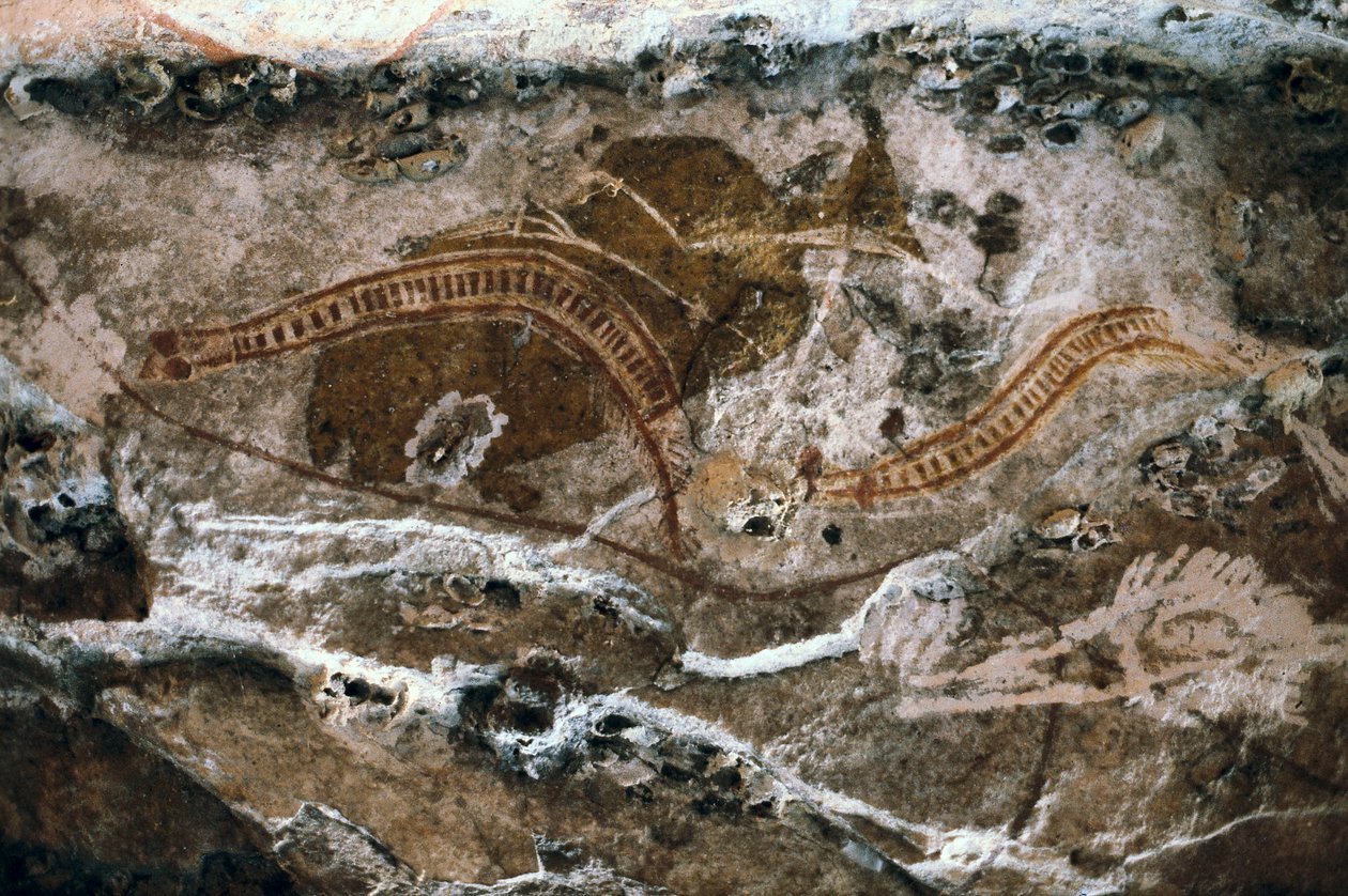 Pintura rupestre aborígine, local das cavernas Ubirr, Parque Nacional de Kakadu, Austrália (pintura) de Prehistoric Prehistoric