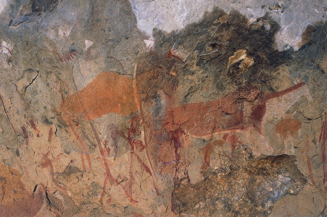 Figuras humanas e animais, pinturas de bosquímanos ou cavernas de areia, Parque Maloti-Drakensberg (Lista do Património Mundial da Unesco, 2000), Lesoto de Prehistoric Prehistoric