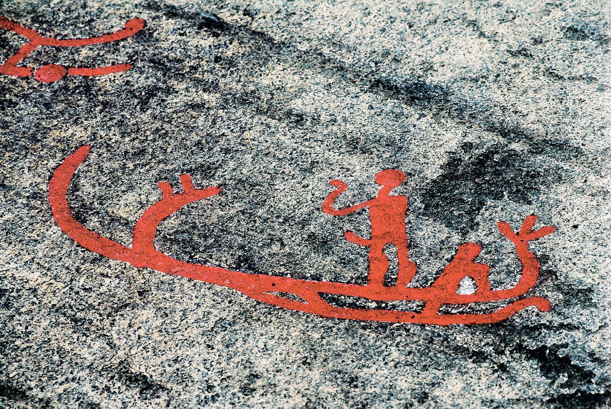 Petroglifos de Tanoum representando um homem num barco, Rocha de Litsleby, Suécia (pedra gravada) de Prehistoric Prehistoric