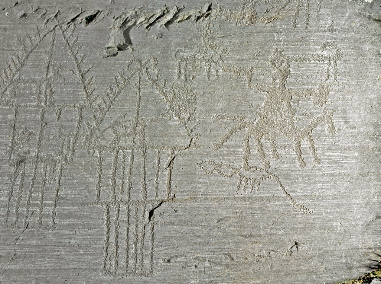 Pré-história, civilização Camunni, arte rupestre: pedra tumular de cenas do cotidiano de uma aldeia, barraca sobre palafitas, casas do lago, cães, pássaros, veados e homens a cavalo. Período entre o Neolítico e a Idade do Bronze. Roche. 35 Capo di Ponte, P de Prehistoric Prehistoric