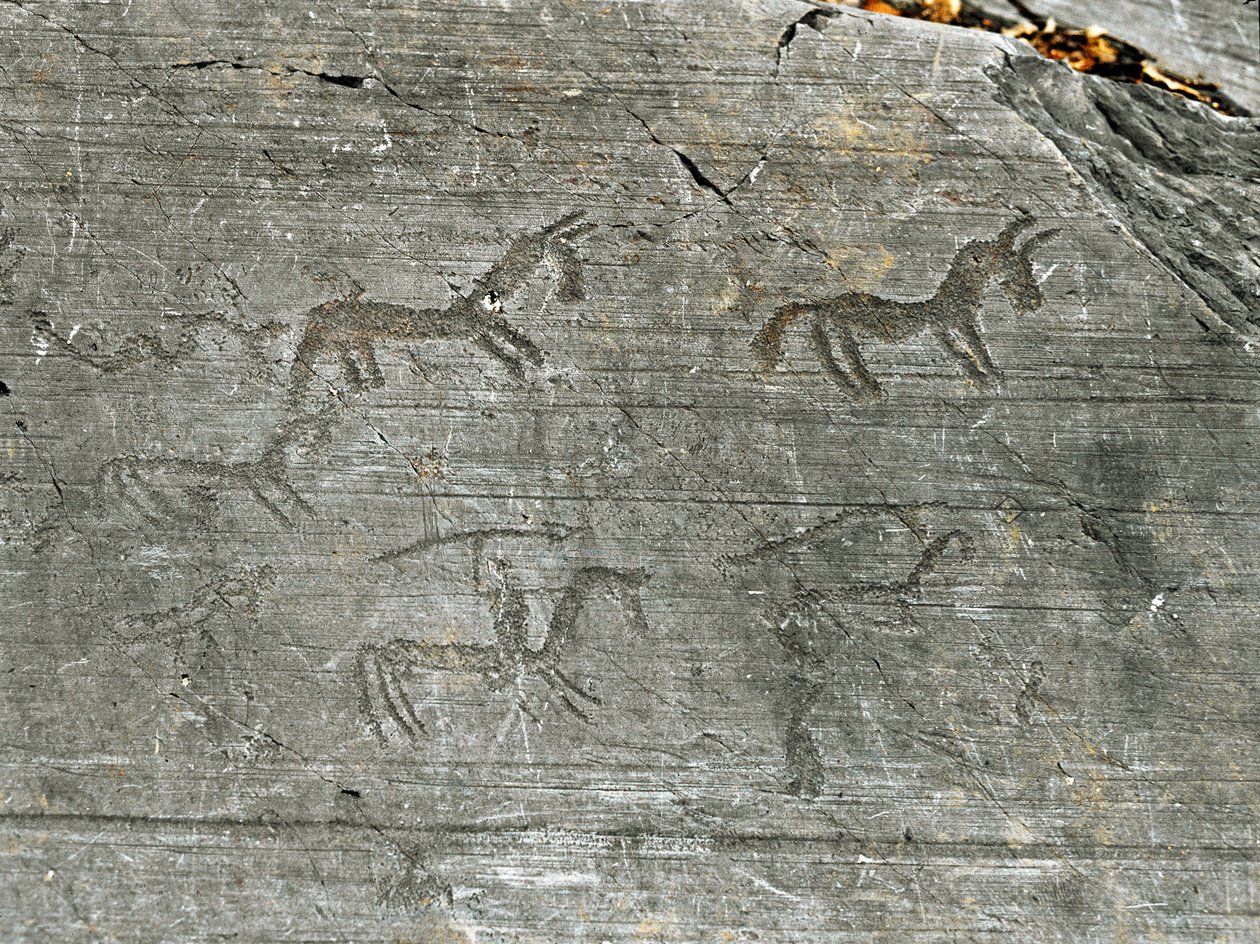 Pré-história, civilização dos Camunni, arte rupestre: uma pedra tumular de uma cena de caça, um caçador agarra-se a uma lança. Período entre o Neolítico e a Idade do Bronze. Capo di Ponte, Parco nazionale delle incisioni rupestri di Naquane, Valcamonica, V de Prehistoric Prehistoric