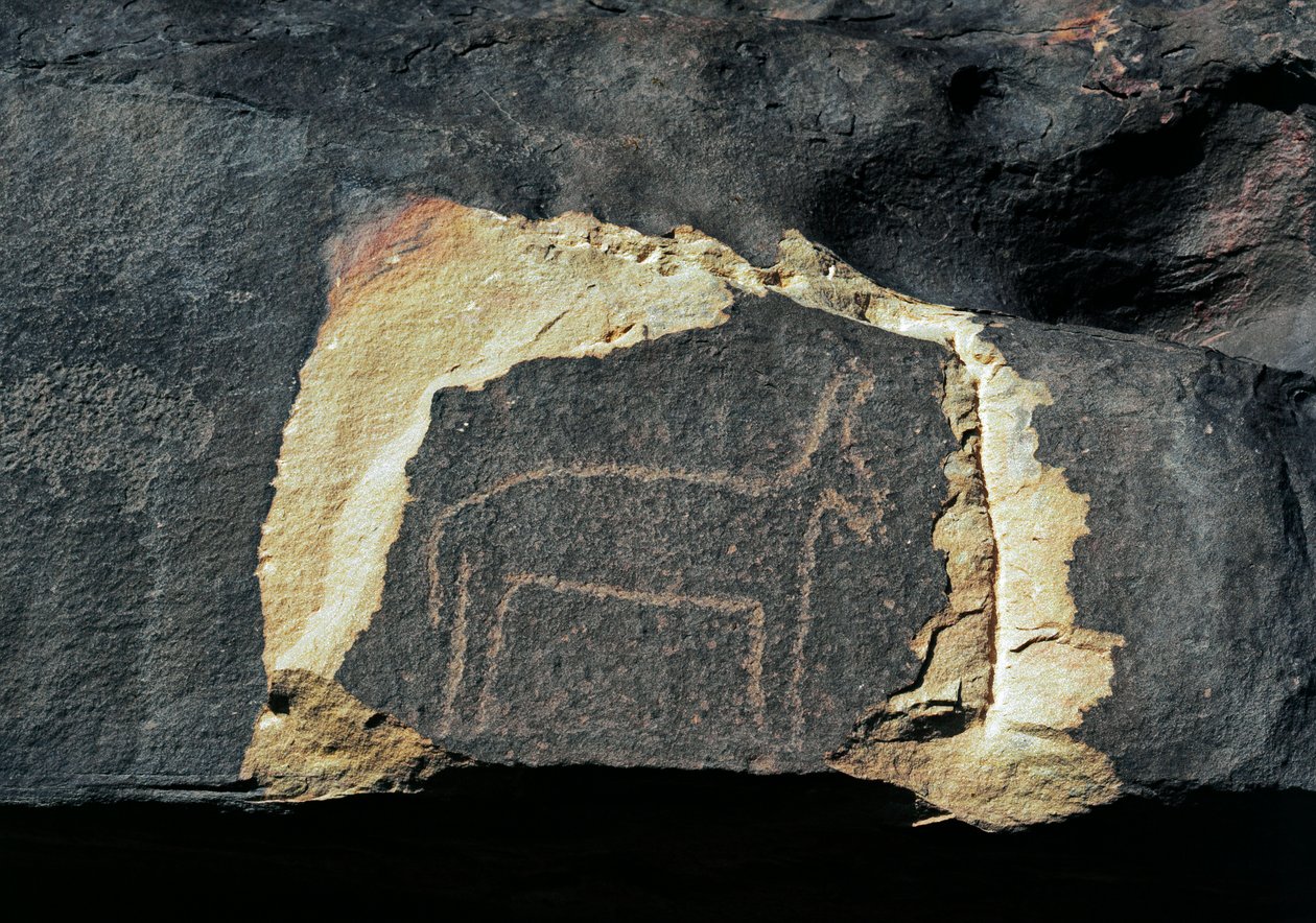 Pré-história, arte rupestre: pedra tumular da representação de um antílope. Idade da Pedra 5000-2000 AC. Taghit, planalto Haut du Hoggar (Ahaggar), Argélia de Prehistoric Prehistoric