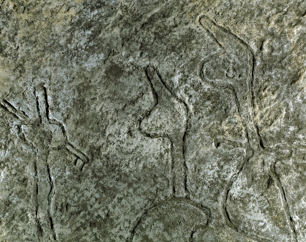 Pré-história, arte rupestre: petroglifo (grafite sobre pedra) de uma representação de cena de caça. neolítico, idade da pedra. (Azerbaijão) Idade do Bronze. Baku, Museu de História da Religião do Estado do Azerbaijão. de Prehistoric Prehistoric