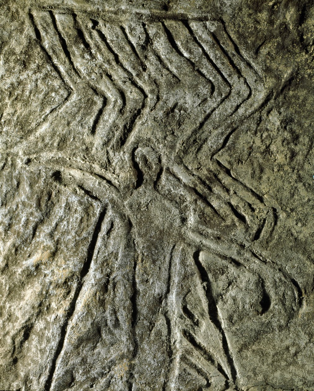 Pré-história, arte rupestre: petróglifo (grafite sobre pedra) de uma representação de uma figura humana. neolítico, idade da pedra. (Azerbaijão) Idade do Bronze. Baku, Museu de História da Religião do Estado do Azerbaijão de Prehistoric Prehistoric