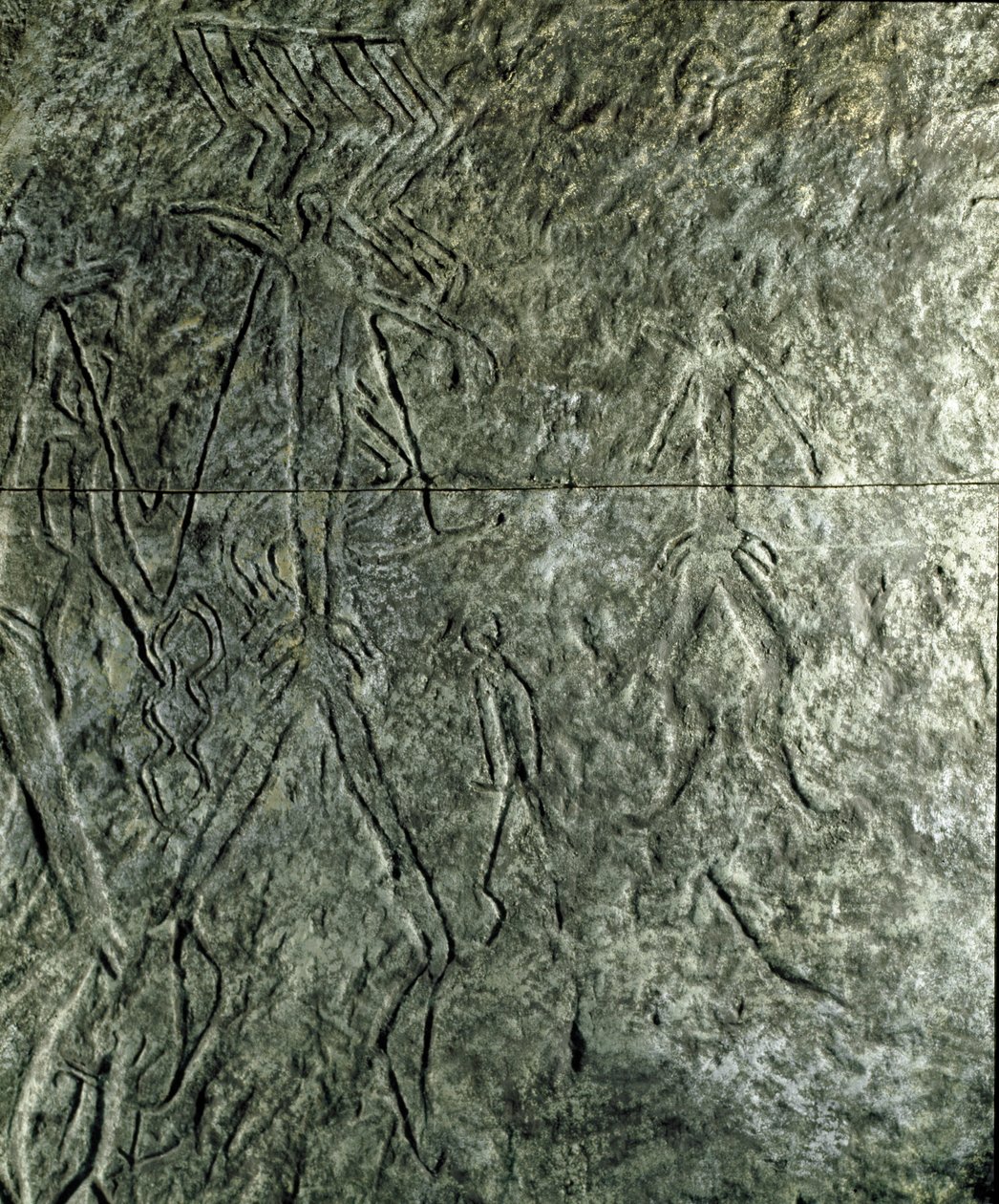 Pré-história, arte rupestre: petroglifos (grafite sobre pedra) de figuras humanas. neolítico, idade da pedra. (Azerbaijão) Idade do Bronze. Baku, Museu de História da Religião do Estado do Azerbaijão de Prehistoric Prehistoric