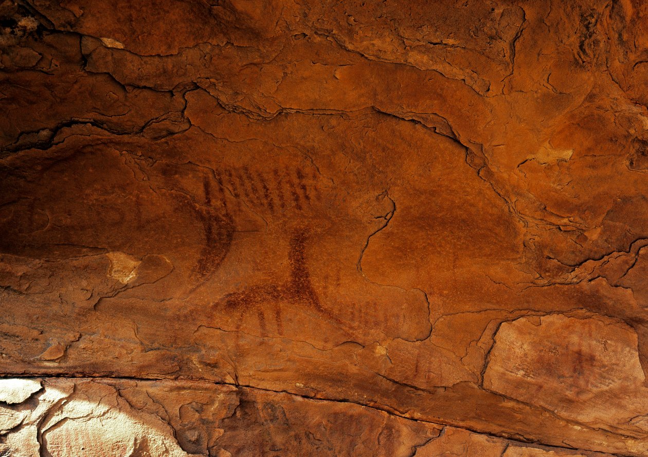 Pré-história: pintura de parede. Idade da Pedra 5000-2000 AC. Taghit, Haut plateau du Hoggar (Ahaggar), Argélia de Prehistoric Prehistoric