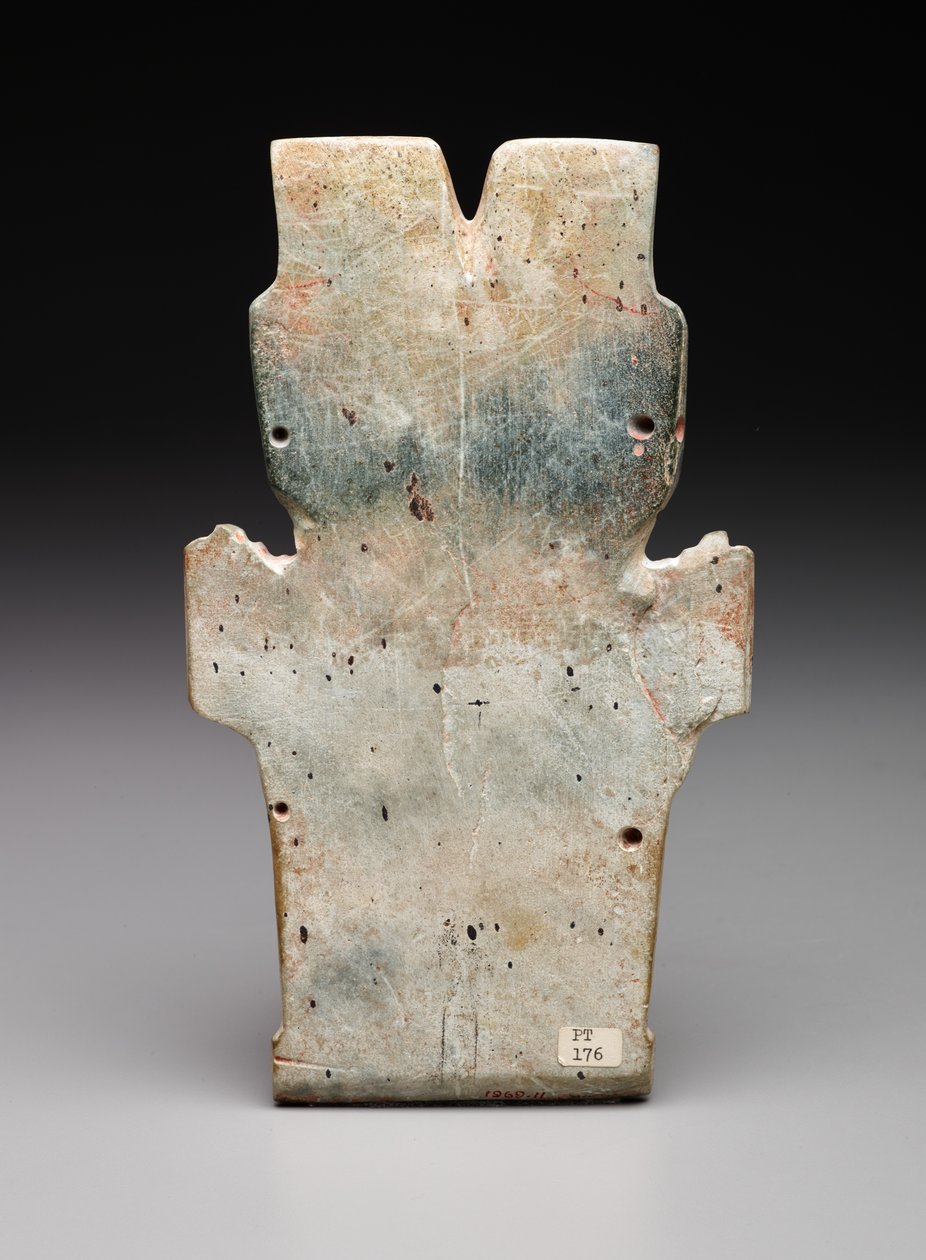 Reverso de uma placa antropomórfica, possivelmente a serpente de fogo, período pré-clássico, 800-400 aC (serpentina e cinábrio) de Prehistoric Prehistoric