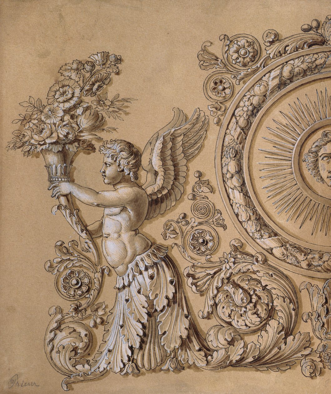 Desenho de pratas representando um querubim com folhas de acanto, cerca de 1800 (caneta e tinta e lavagem aumentada com branco sobre papel) de Prieur