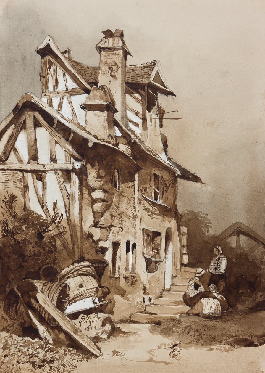 Uma pitoresca casa de campo do norte da França, com acréscimos de um instrutor, 1854 lápis, sépia lava e guache sobre papel de Prince Gaetano Maria Federico di Borbone