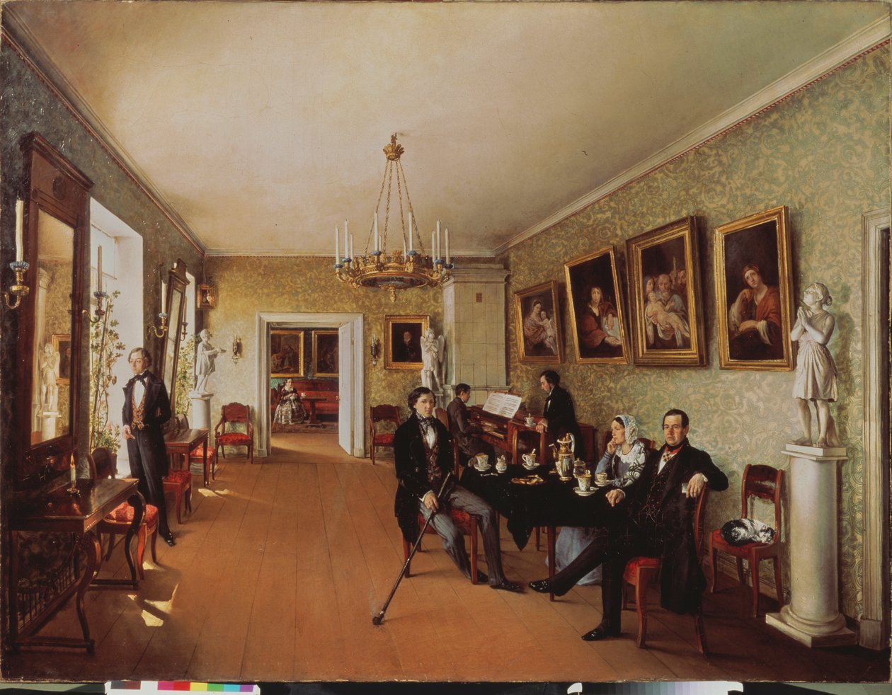 A Family Scene (Actividades diárias à hora do chá, alguns tocam piano, outros ouvem, uma mulher ao fundo faz costura) - A Family Scene - Pintura de Prokofi Yegorovich Pushkaryev (Pushkaryev) (?-desde 1856), h de Prokophy Egorovich Pushkaryev