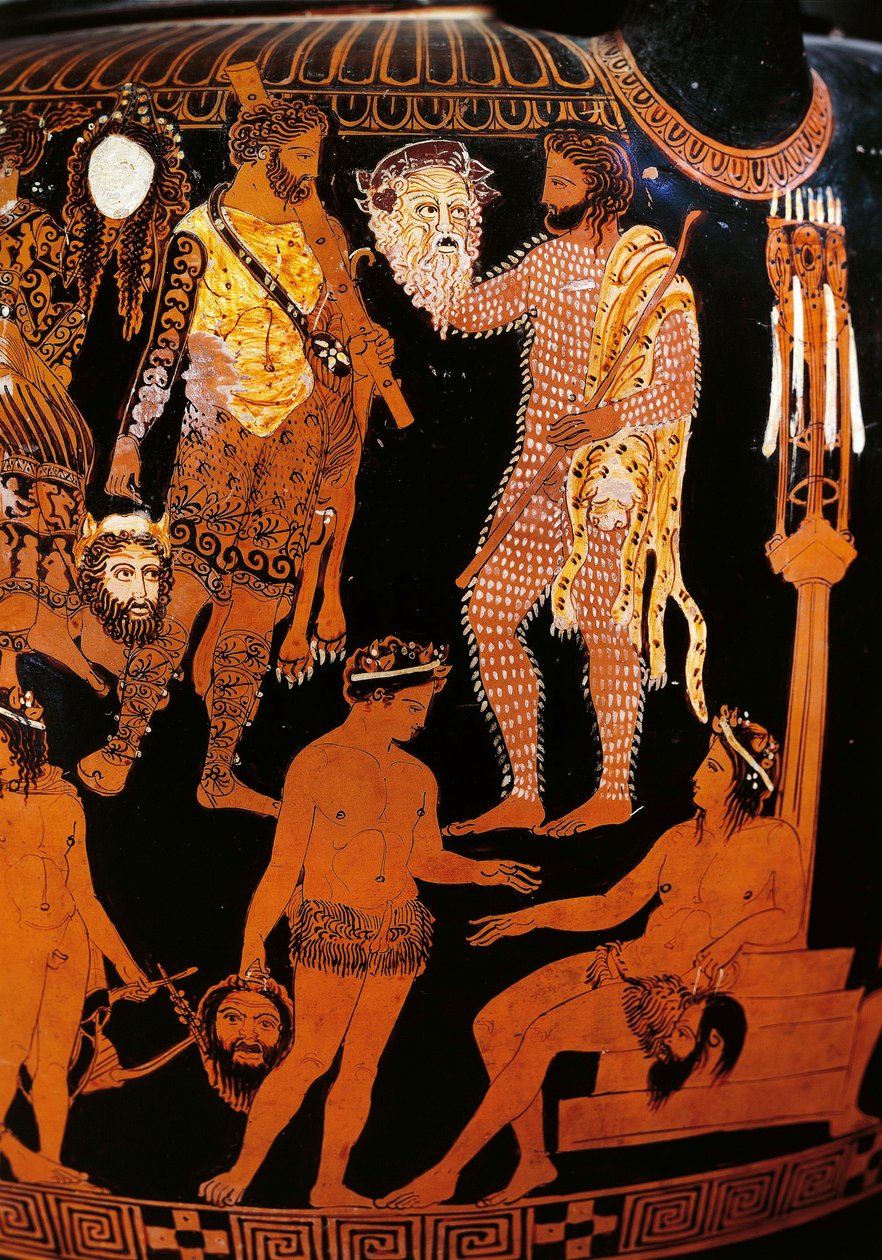 Vaso de Pronomos, cratera com figuras vermelhas. Detalhe retratando Hércules (Heracles), os preparativos de um drama satírico na presença de Dionísio e Ariane, as personagens seguram máscaras de teatro. 400 AC. Nápoles, Museo Archeologico Nazionale de Promonos Painter